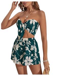 lot 10086 image: Womens 2 Piece Summer Outfits Floral Print Strapless Tie Knot Front Tube Crop Tops and Shorts Set Dark Green Floral- Medium