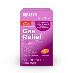 lot 10093 image: Amazon Basic Care Ultra Strength Gas Relief, Bloating and Discomfort Relief, 180 mg Simethicone Fast Gels, Anti Gas Softgels, 48 Count, BEST BY March, 2028