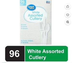 lot 15376 image: Great Value White Plastic Cutlery Set - 96 Pieces