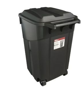 lot 16810 image: Hyper Tough 45 Gallon Wheeled Heavy Duty Plastic Garbage Can, Attached Lid, Black (See Details)