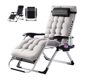 lot 16814 image: Zero Gravity Chair, Reclining Camping Lounge Chair For Indoor, Reclining Patio Chairs With Cup Holder Trays And Removable Cushion - Retail $90