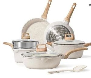 lot 16824 image: CAROTE Pots and Pans Set Nonstick, White Granite Induction Kitchen Cookware Set, 10 Pcs Non Stick Cooking Set wFrying Pans & Saucepans(PFOS, PFOA Free) - Retail $90