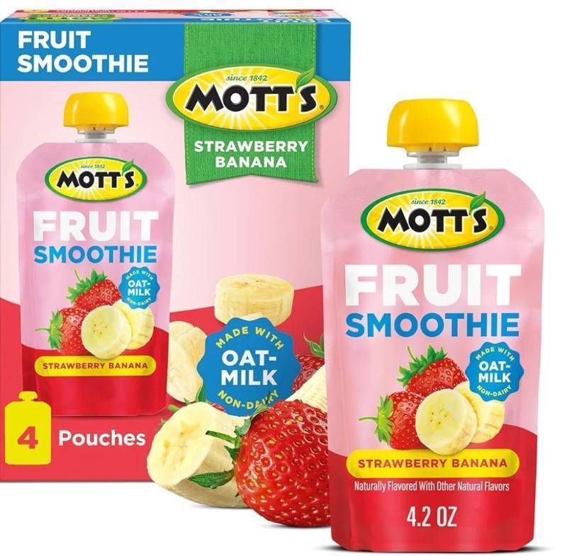 lot 31564 image: Best if Used by December 24 2025 Mott Fruit Smoothies Strawberry Banana, 4.2 oz clear pouches, 4 Pack, Non-dairy, Made With Oatmilk, Made With Real Fruit, Good Source of Calcium, On-the-Go 6 Boxes