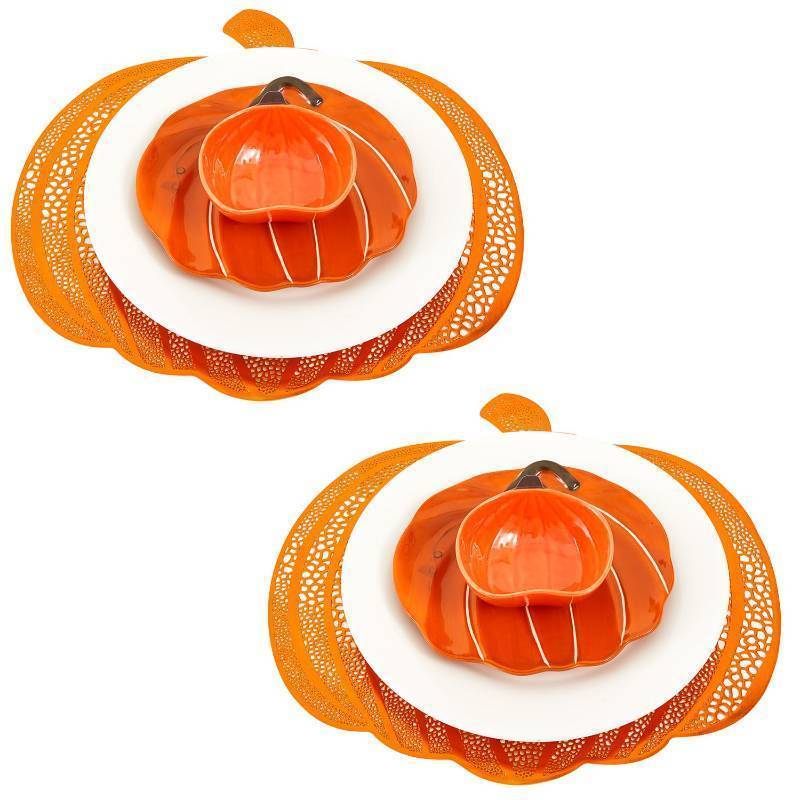 lot 43 image: Jinei 8 Pcs Thanksgiving Fall Tableware Set Include Large Ceramic Pumpkin Shaped Plates White Dinner Ceramic Plates Small Pumpkin Shaped Bowls and Place Mats for Autumn Halloween Table Party Decor