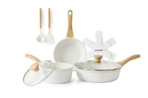 lot 6143 image: SENSARTE Ceramic Nonstick Pots and Pans Set, 10Pcs Healthy Non Stick Cookware Set with Pots Protectors, Induction Kitchen Cookware Sets White - Retail $50