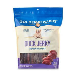 lot 6176 image: Golden Rewards Duck Flavor Premium Dry Jerky Treats for All Dogs  32 oz - Retail $40