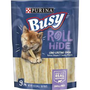 lot 6177 image: Purina Busy Rawhide Chewy Beef Flavored Bones Rollhide Dog Treats Pouch - SM - 9ct