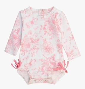 lot 7265 image: RuffleButts Baby Girls UPF 50 Sun Protection Floral Printed Long Sleeve One Piece Rash Guard Swimsuit with Zipper