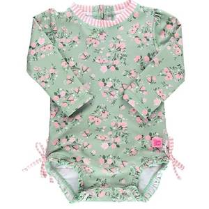 lot 7266 image: RuffleButts Baby Girls UPF 50 Sun Protection Floral Printed Long Sleeve One Piece Rash Guard Swimsuit with Zipper 0-3 Months