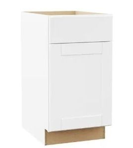 lot 16831 image: Hampton BayShaker 18 in. W x 24 in. D x 34.5 in. H Assembled Base Cabinet in Satin White - Retail $215