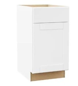 lot 16838 image: Hampton BayShaker 18 in. W x 24 in. D x 34.5 in. H Assembled Base Cabinet in Satin White - Retail $215