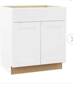 lot 16839 image: Hampton BayShaker 18 in. W x 24 in. D x 34.5 in. H Assembled Base Cabinet in Satin White - Retail $258
