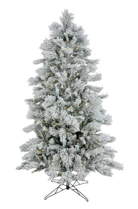 lot 15043 image: HGTV Home Collection Pre-Lit Artificial Slim Flocked Bavarian Pine Tree with PowerConnect LED Lights, Hinged Branches, Plug in, 6ft - Retail $584