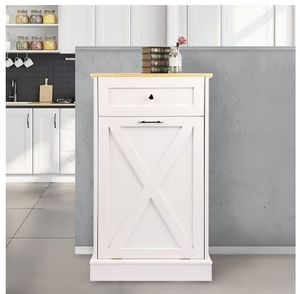 lot 6210 image: Tolead Kitchen Single Trash Cabinet Tilt Out Free Standing Storage Can with Hideaway Drawer and Countertop, Wood, White (Cosmetic Damage) - Retail $90