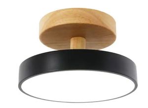lot 6221 image: Pack of 2 ,7.08 in. 1-Light Black and Wood Modern Round Selectable LED Semi-Flush Mount Ceiling Light for Hallways Kitchens