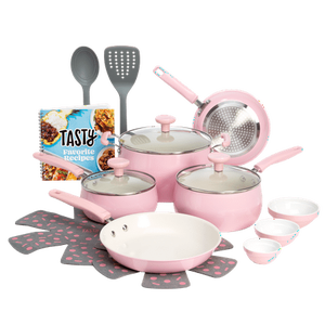 lot 6234 image: Tasty Clean Ceramic 16 Piece Non-Stick Aluminum Cookware Set  Pink - Retail $70