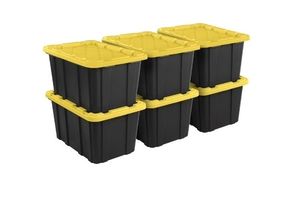 lot 6246 image: Sterilite Large Storage Bin, 27 Gallon Durable Plastic Storage Tote with Snap-On Lid, Black and Yellow, 6 Pack