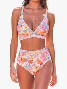 lot 7276 image: CUPSHE Womens Bikini Sets High Waisted Swimsuit Deep V Neck Crisscross Back Tie Stitching Ruched Full Coverage XS