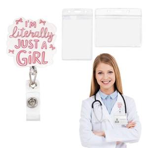 lot 7328 image: Just a Girl Badge Reel Retractable with Pink Bow