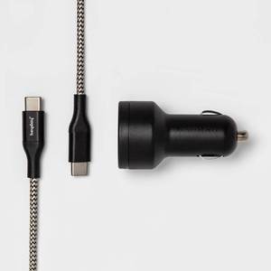 lot 15482 image: USB Car Charger with 6 USB-C to USB-C Braided Cable - heyday Matte Black 15.5W Output
