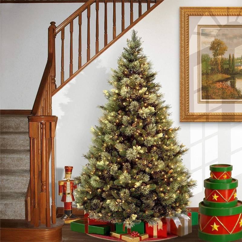 lot 2748 image: National Tree Company 6.5 ft Pre-Lit Carolina Pine Artificial Christmas Tree, 650 Clear Lights - Retail $319
