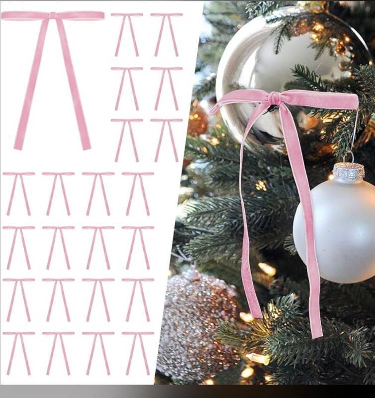 lot 31145 image: Velvet Christmas Bows 23.6x11.8 Inch Large Rustic Wreath Bows Christmas Tree Door Staircase Bow Ribbon Decor Indoor Outdoor Xmas Decoration (Pink-8pcs)