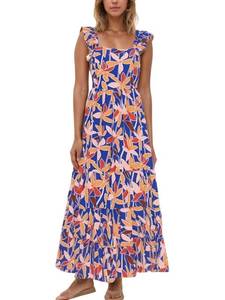lot 4912 image: 2025 Womens Summer Boho Floral Maxi Dress with Pockets - A-Line Smocked Tiered Ruffle Sleeveless Beach Sun Dress (Blue,M)