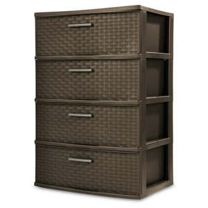 lot 6275 image: Sterilite Storage Drawer  4 Drawer Plastic Weave Wide Tower with Pull Handles  Brown - Retail $29