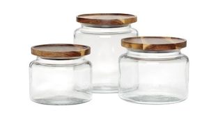 lot 6327 image: Anchor Hocking Glass Jars with Acacia Lids, 3 Piece Set - Retail $40