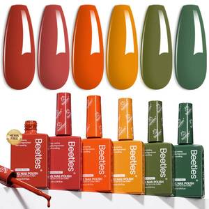 lot 7341 image: Beetles Hema-Free Gel Polish Set&nbsp 6PCS 15ML Golden Hour Hema Free Gel Nail Polish Set, Burgundy Orange Dark Red Green Color Matching Bottles Soak Off UV LED DIY Home Salon Gift for Women - Retail $56