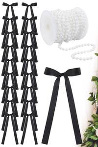 lot 7368 image: Jutom 24 Pcs Black Satin Bows for Christmas Tree Ribbon Bows Christmas Ornaments with 33 ft Faux Pearl Beads Vintage Rustic Decorations Crafts for Xmas Tree Wreath Door Garland Holiday, 3.94x7.87inch - Retail $11,238
