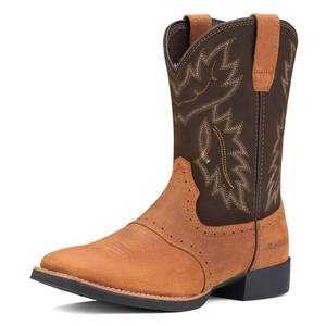lot 10480 image: Rollda Leather Cowboy Boots for Men Western Boots Square Toe Chunky Heel Mid-Calf Boots Classic Embroidered with Pull On Tabs Brown Size 8