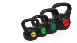 lot 6344 image: BalanceFrom Wide Grip Kettlebell Exercise Fitness Weight Set, 4-Pieces 5lb, 10lb, 15lb and 20lb Kettlebells&nbsp