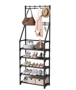 lot 6353 image: 5 Tier Coat Rack with Shoe Storage&nbsp Freestanding Hall Tree Bench for Entryway, 5 Shoe Shelves &amp 8 Removable Hooks, Black