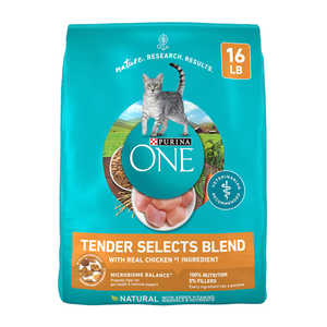 lot 6363 image: Purina ONE Tender Selects Dry Cat Food for Adult Cats  High Protein Chicken  16 lb Bag