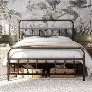 lot 6384 image: Yaheetech Classic Metal Platform Bed Frame Mattress Foundation with Victorian Style Iron-Art HeadboardFootboardUnder Bed StorageNo Box Spring NeededQueen Size Bronze - Retail $114