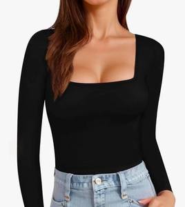 lot 7399 image: MANGOPOP Womens Square Neck Top Double Lined Short Sleeve Long Sleeve T Shirt Fitted Seamless Tee Medium&nbsp