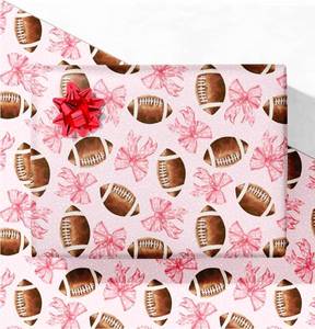 lot 7443 image: 4 Count of GIOLNIAY Football Wrapping Paper for Kids Adults - Holiday Gift Wrap with Pink Paper, Footballs and Red Bows - 4 Jumbo Sheets, 28 x 40 Each (32 sq. ft ttl), Easy to Store&nbsp