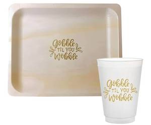 lot 10516 image: Perfect Stix Party Set includes 16oz Frost Flex Cups and 10 Wooden Plates with Gobble Till You Wobble Print - Pack of 50ct- (25ct each item)&nbsp