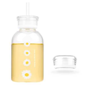 lot 10520 image: WHJY 16oz Cute Matte Glass Water Bottle with Straw, Milk Juice Bottle with Scale, 2 Lids, Little Daisy Sunflower Portable Cup - Clear 4 Sunflowers&nbsp
