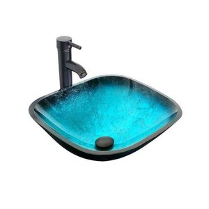 lot 15559 image: Cameo Tempered Glass Square Vessel Sink in Turquoise with Faucet Pop Up Drain Set - Retail $109