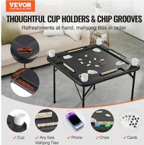 lot 15572 image: Square 4-Player Black Folding Card Game Table with Green Playing Surface & Cup Holders - Retail $79