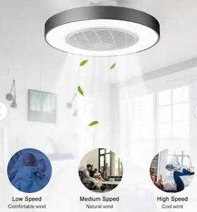 lot 15573 image: 20 in. LED Indoor Black Modern Dimmable Caged Low Profile Flush Mount Ceiling Fan Light with Remote Control and App - Retail $120