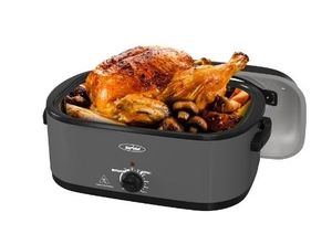 lot 16883 image: Heynemo 30lb 26-Quart Roaster Oven, Electric Roaster Oven with Viewing Lid, Turkey Roaster with Unique DefrostWarm Function, Large Roaster with Removable Pan & Rack, Stainless Steel, Grey - Retail $75