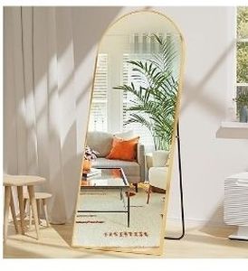 lot 16887 image: 26 71 Floor Mirror Full Length Wall Standing Leaning or Mounted, Gold Arched Full Body Mirror with Aluminum Alloy Frame for Bedroom Bathroom Hallway - Retail $80