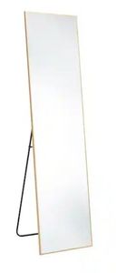 lot 16888 image: 16 in. W x 59 in. H Aluminium Alloy Frame Gold Full Body Floor Mirror with Floor Stand and Wall Mounted Hooks - Retail $59