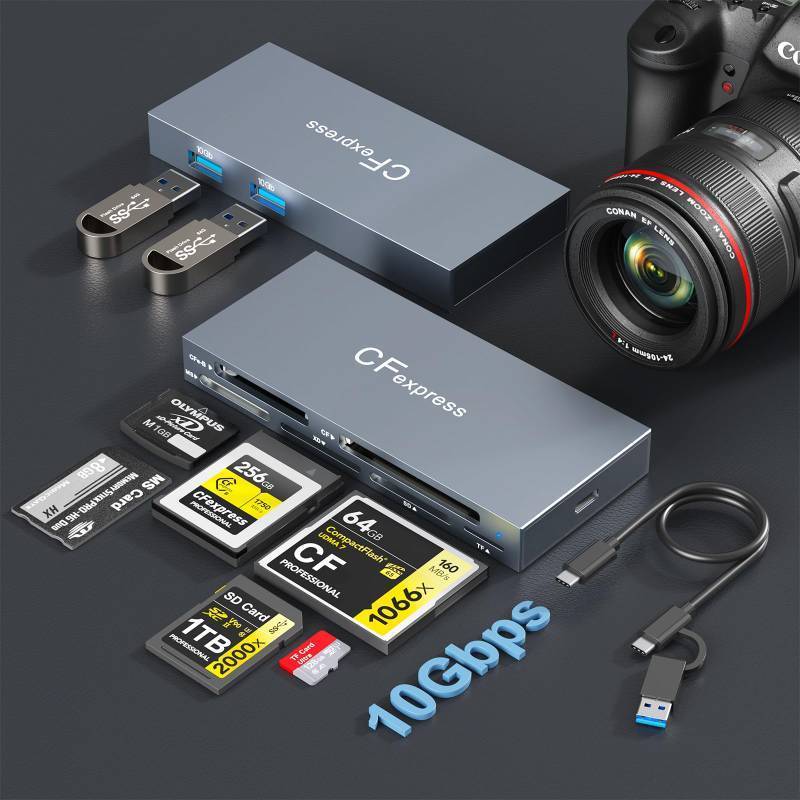 lot 977 image: Type B Card Reader,8 in 1 Multi CF Express Reader for CFexpress Type BCFXDMSTFSDUSB,USB3.2 Gen2 10Gbps Memory Card Reader for WindowsMacLinuxAndroid Read 6 Cards and 2 USB - Retail $60
