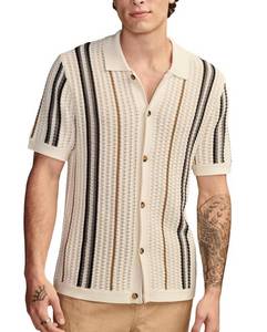lot 7489 image: Mens Fashion Polo Shirts Vintage Striped Knitting Shirts Casual Slim Fit Golf Cardigan Lapel Collar Top Beige - Size Large