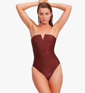 lot 7495 image: Gottex Luma High End Bandeau High Leg Cut One Piece Womens Swimsuit Soft Removable Cups, Removable Adjustable Straps (Luxury) Size 12 - Retail $114