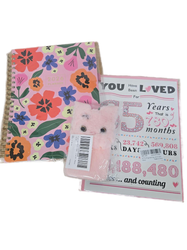 lot 9622 image: 2024 Floral Planner, Pink Phone Case for 78SE, and 65th Birthday Card BUNDLE